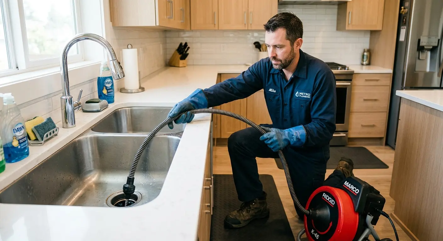 Drain cleaning technician using a motorized snake on a kitchen sink in Chillum