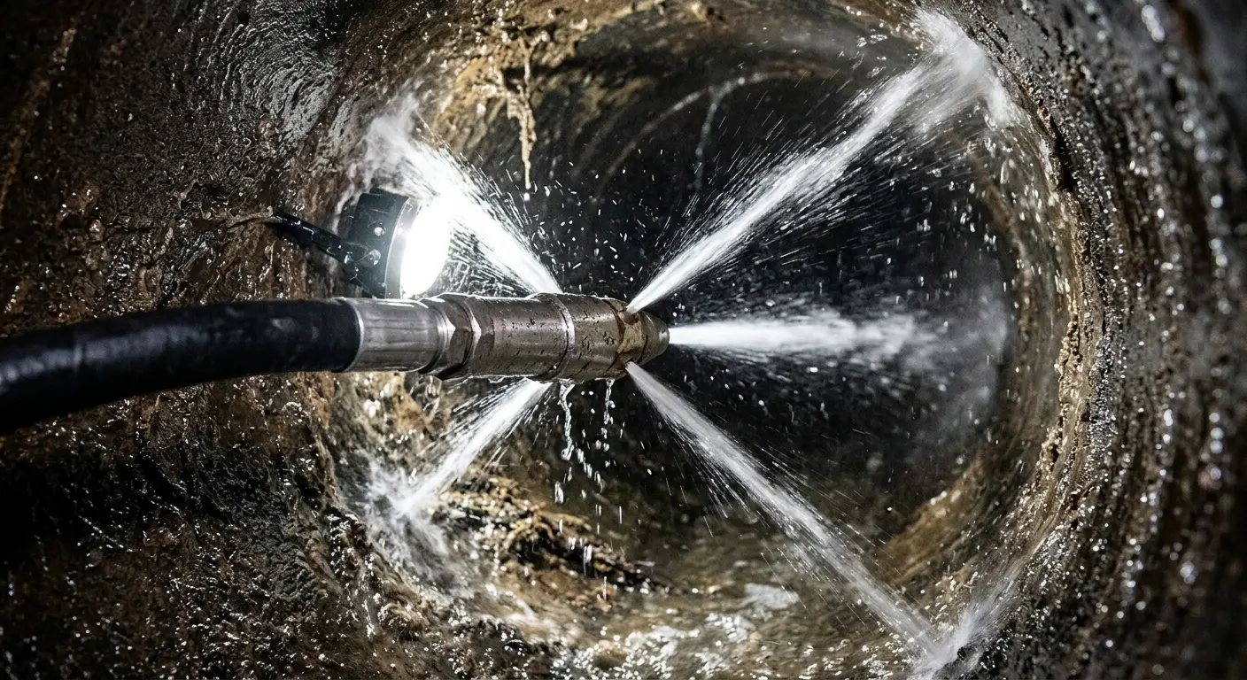 High-pressure hydro jetting nozzle cleaning sewer pipe for Trenchless Sewer Repair in Chillum