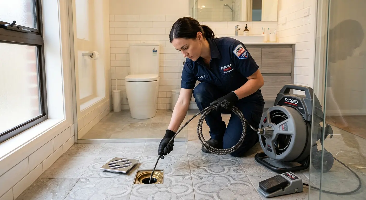 Technician clearing a bathroom floor drain for Clogged Drain Repair in Chillum